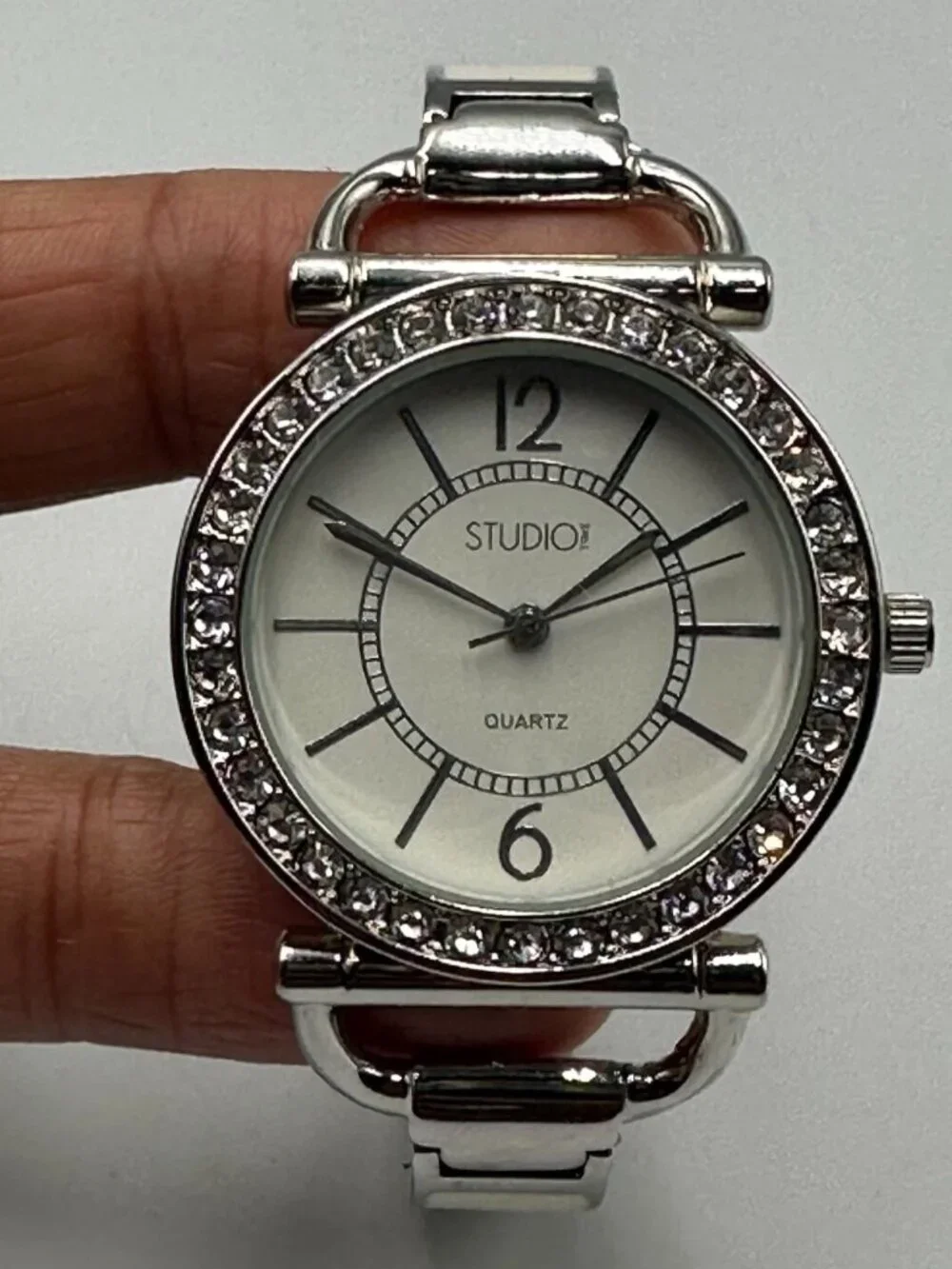 3/$30 Studio Time Watch Women Silver Rhinestone Bezel White Enamel Band 6.25